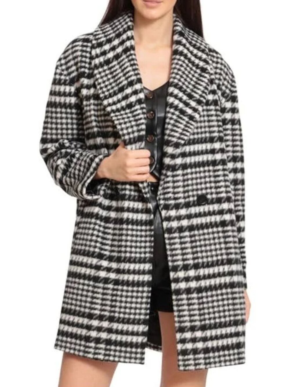 Avec Les Filles Anthropologie Black White Plaid Soft Wool Blend Peacoat size L